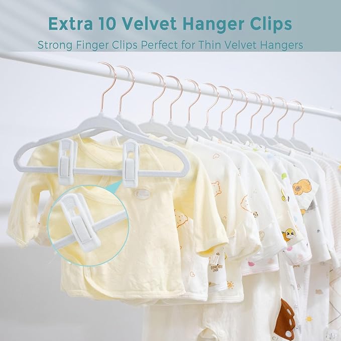 Baby Hangers Velvet - 11 Inch Kids Felt Hanger Non Slip Toddler Clothes - Childrens Hangers for Newborn Clothes - 50 Pack with 10 Hanger Finger Clips, White