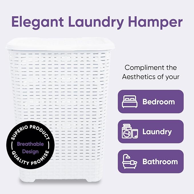 Plastic Laundry Hamper with Lid, Designed Laundry Hamper Basket, Beige Tall Cloths Hamper Organizer with Cut-out Handles. Space Saving for Laundry Room Bedroom Bathroom, Wicker Design 60 Liter