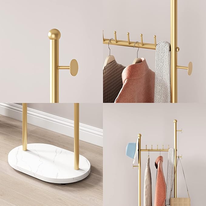 Gold Clothing Rack With Shelves, Gold Coat Rack Freestanding with Marble Base, Coat Hanger Hat Tree Standing Clothes Racks for Boutique, Bedroom