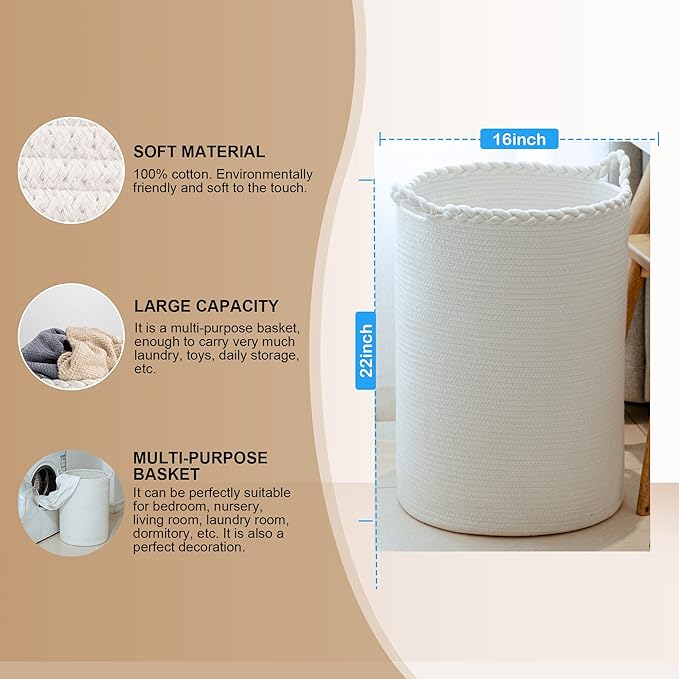 72L Woven Laundry Hamper,Cotton Tall Wicker Laundry Basket for Blankets,Clothes,Pillows,Toys,Shoes Large Laundry Bin White