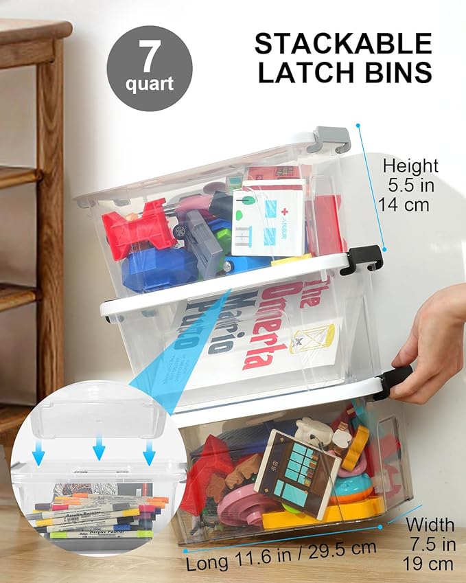 Plastic Storage Bins with Lids 6 Pack Storage Organizer, 7 Quart Stackable Storage Bins with Buckle Lids and Handle easy for Home Office Pantry Organization, Clear