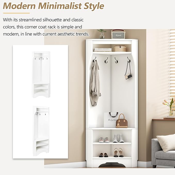 LUMISOL Modern Corner Hall Tree with Shoe Bench for Entryway, Mudroom Coat Rack with 4 Hooks, Corner Cabinet with Adjustable Shelf for Living Room Hallway, White