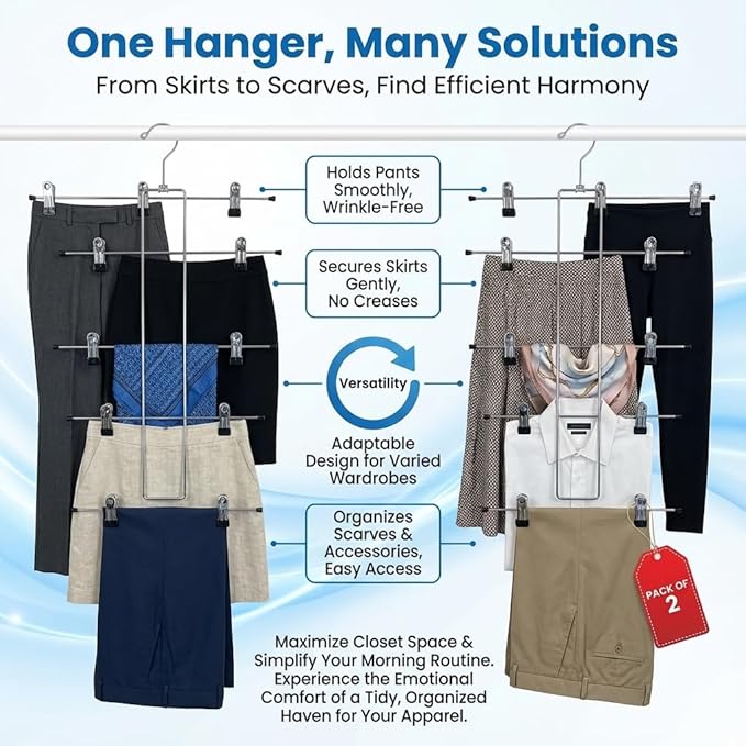 5 Tier Metal Hangers with Clips - Pack of 2 Space-Saving Wire Hangers, Heavy Duty Stainless Steel Clothes Hangers for Pants, Skirts, Scarves, and Jeans - Ideal for Closet Organization