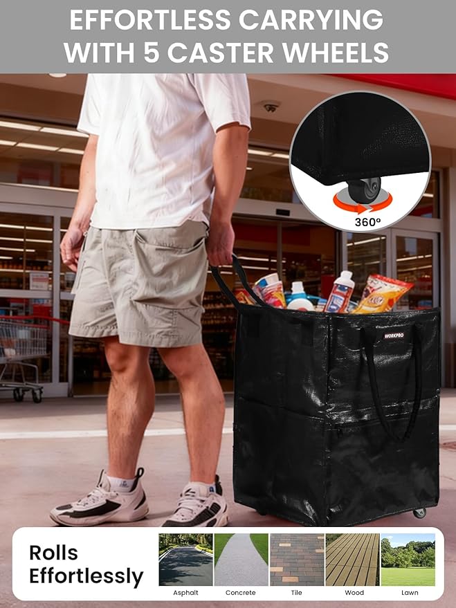 WORKPRO Large Rolling Grocery Bag, 36-Gallon Tote with 5 Wheels, 110 lbs Capacity, Dual Carry, Wide Zipper & Extra Storage for Shopping, Laundry & Moving