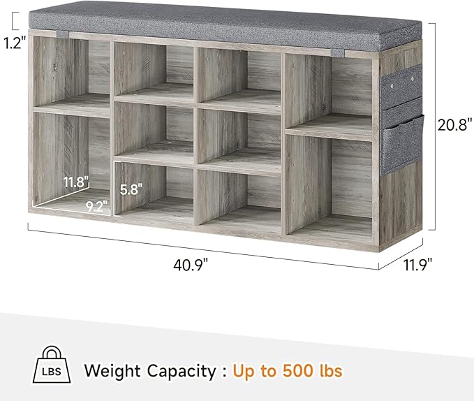 IDEALHOUSE Shoe Storage Bench with Cushion, 10 Cubbies Storage Rack Bench with Padded Seat, 41" Cubby Seat Shoe Cabinet with Adjustable Shelf for Entryway Hallway Living Room, Grey