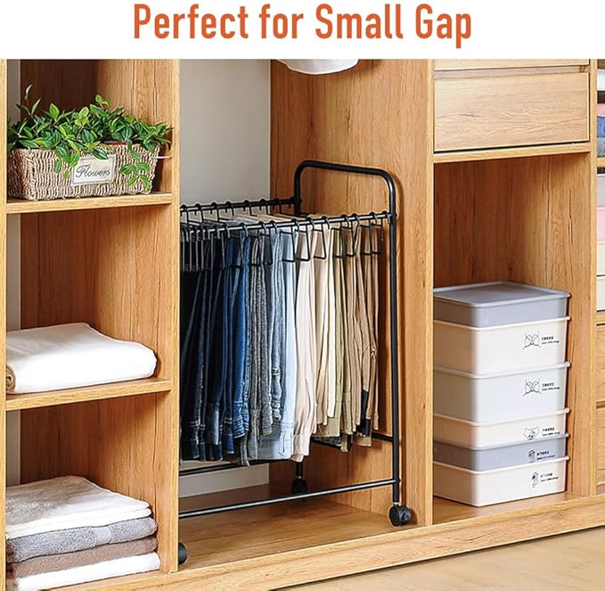 Japard Pants Organizer Rack Trolley with 24 Double Hangers Rolling Trouser Metal Rack, Space Saving Closet - 48 Storage Pants Jeans Scarf Black