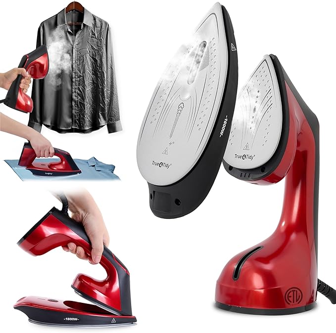 True & Tidy 2-in-1 Iron and Handheld Steamer, 1600W Dual Heating System with Ceramic-Coated Plate, LCD Display, No-Drip Technology, 3 Fabric Modes, Portable Garment Steamer for Home & Travel