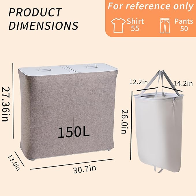 2 Dividers Dirty Clothes Basket, Double Laundry Hamper with Lid and Removable Laundry Bagsfor Laundry Room/Bedroom/Bathroom/College, 150L Large Collapsible
