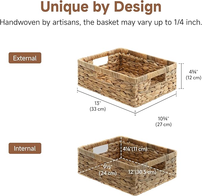 StorageWorks Pantry Baskets, Wicker Storage Baskets for Organizing, Bathroom Shelves, Pantry Organizers and Storage, Water Hyacinth, 13"L x 10¼"W x 4 ¾"H