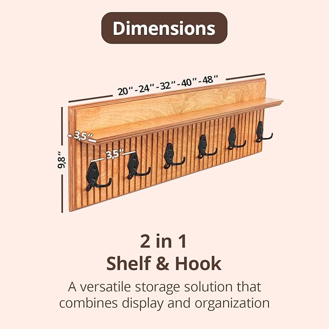 Rustic Wall Mounted Coat Rack with Shelf Wooden Entryway Organizer with 5 Metal Hooks for Coats Hats Towels Keys Floating Storage Shelf for Bathroom Bedroom (Oak, 24 inch Striped (4 Hooks))