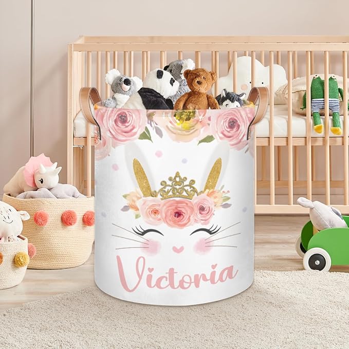 Personalized Laundry Basket, Custom Gift Laundry Hamper, Collapsible Nursery Waterproof Laundry Baskets, Dirty Clothes Toy Hamper with Handles Pink Floral Cute Bunny
