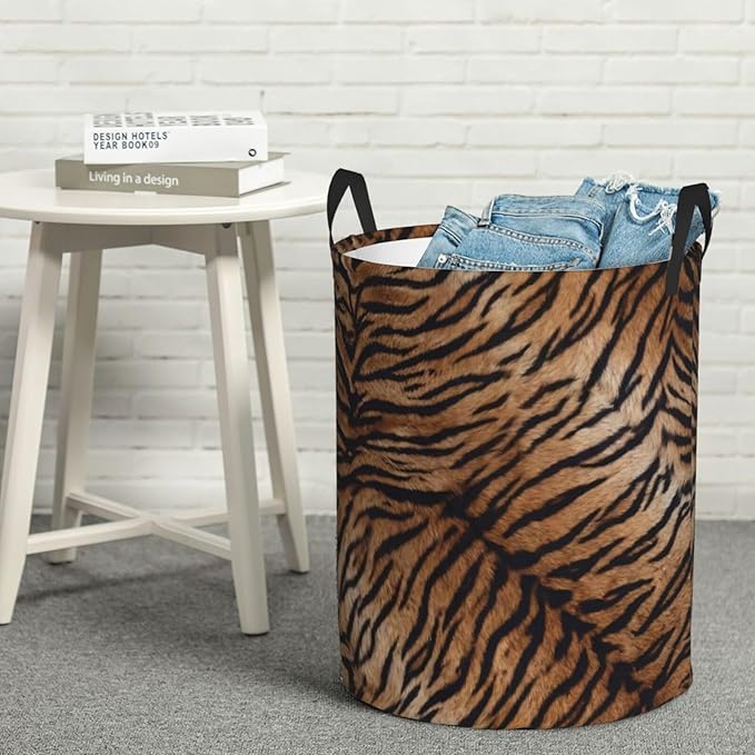 Tiger Texture Round Laundry Hamper Natural Animal Skin Print Storage Basket Toys Clothes Organizer Bin For Home Bathroom Bedroom Dorm Nursery, 38l