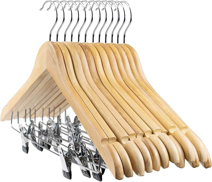 Tosnail 12-Pack Wooden Pant Hanger, Wooden Suit Hangers with Steel Clips and Hooks, Natural Wood Collection Skirt Hangers, Standard Clothes Hangers