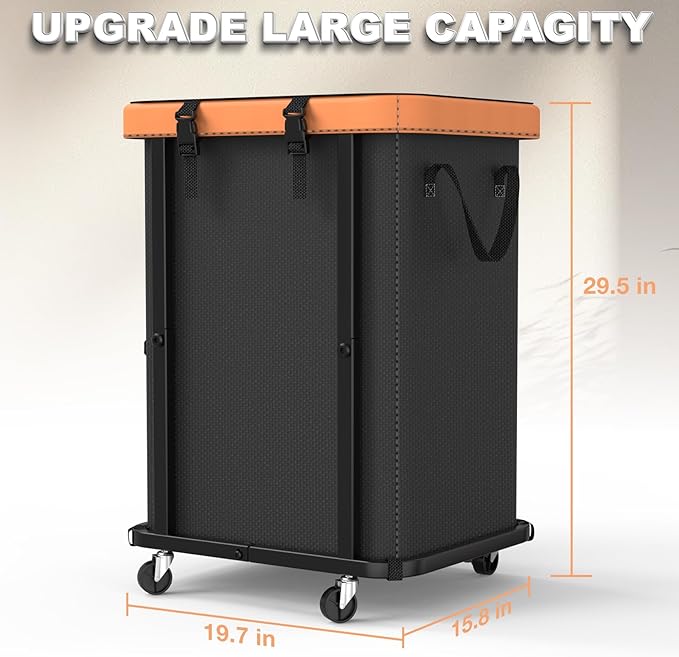 150L (40 Gal) Large Fashion Laundry Basket with Wheels, Leather Patchwork Rolling Hamper Carts, Sturdy Metal Frame, Removable Washable Bag, Tall Clothes Sorter for Bedroom, Laundry Room - Black