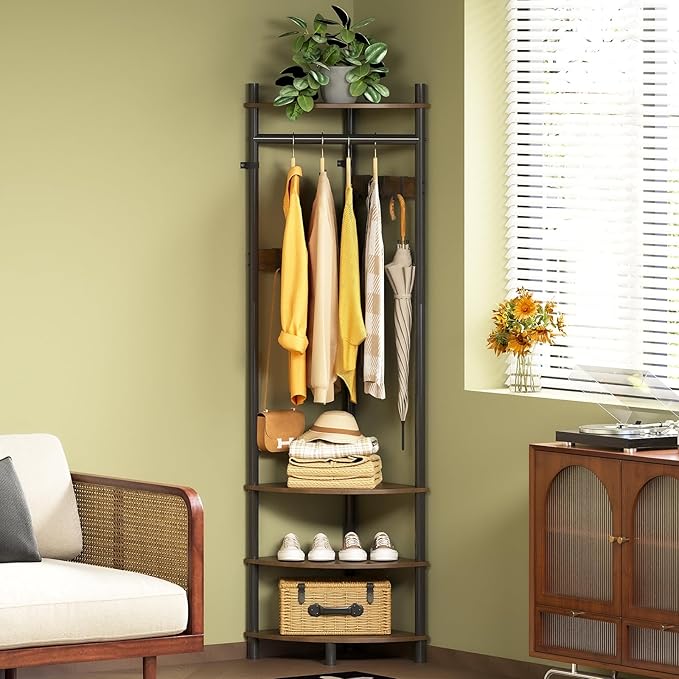GiftGo Corner Hall Tree with Shoe Rack Entryway Coat Rack with 6 Metal Movable Hooks Floor Standing Clothes Rack Organizer for Home Office Bedroom (Rustic Brown)