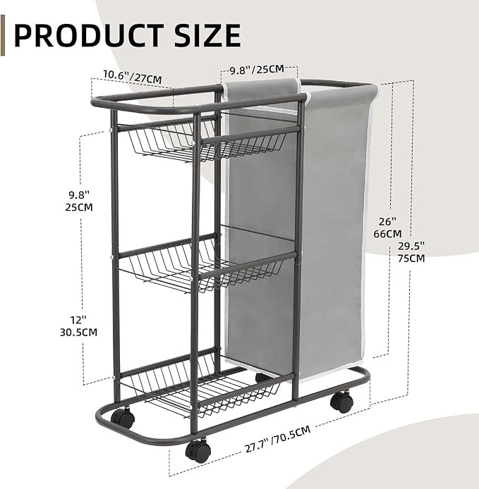 Rolling Laundry Cart with Wheels, 3-Tier Laundry Caddy Between Washer and Dryer, Heavy Duty Rolling Laundry Basket with 45L Bag for Narrow Space Laundry Room, Bathroom, Bedroom, Gray