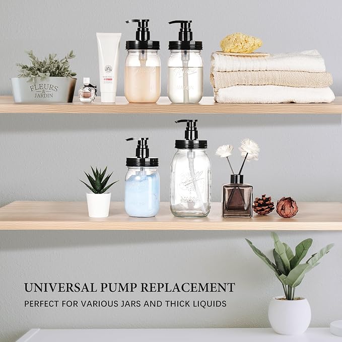Amolliar Plastic Mason Jar Soap Dispenser Lids(2) - Universal Pump Replacement for Regular Mouth Jar - Long Tubes & Cute Lables -Farmhouse Decor for Kitchen, Bathroom, Dish Soap, Lotions, Hand Soap