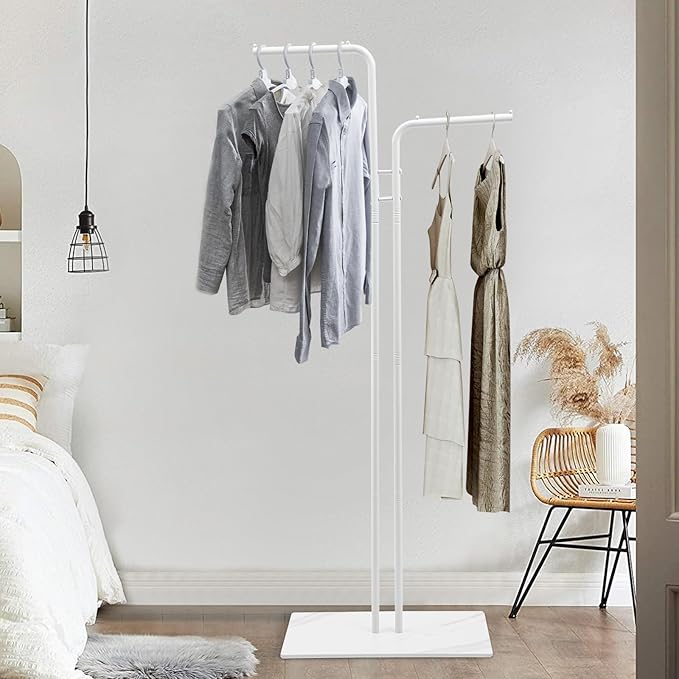 67in-White Clothing Rack with Base, Double Rod Freestanding Coat Rack Hanging Clothes, Bags, Hat and Shoes for Entryway Bedroom Garment Organizer, Clothing Stores Boutique Retail, Studio