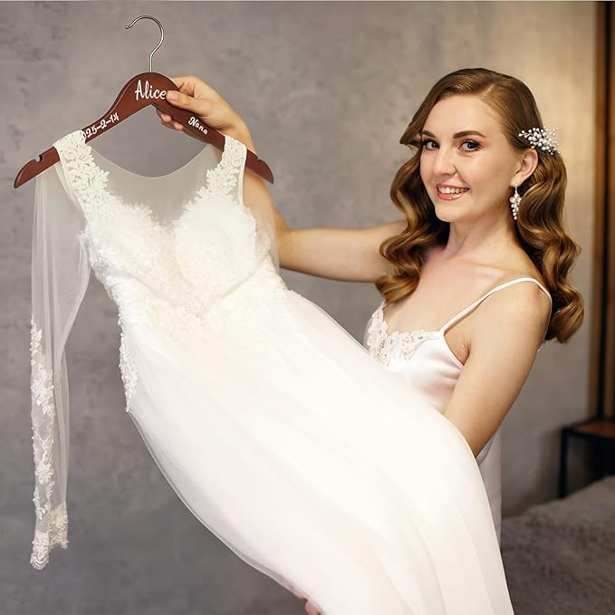 Personalized Bride Hanger for Wedding Dress, Wooden Bridesmaid Hangers 10 Pack and 15 Pcs Letter Stickers for Tuxedo Suit Wedding Gift Bridal Party Shower DIY Special Names Dates(Retro)