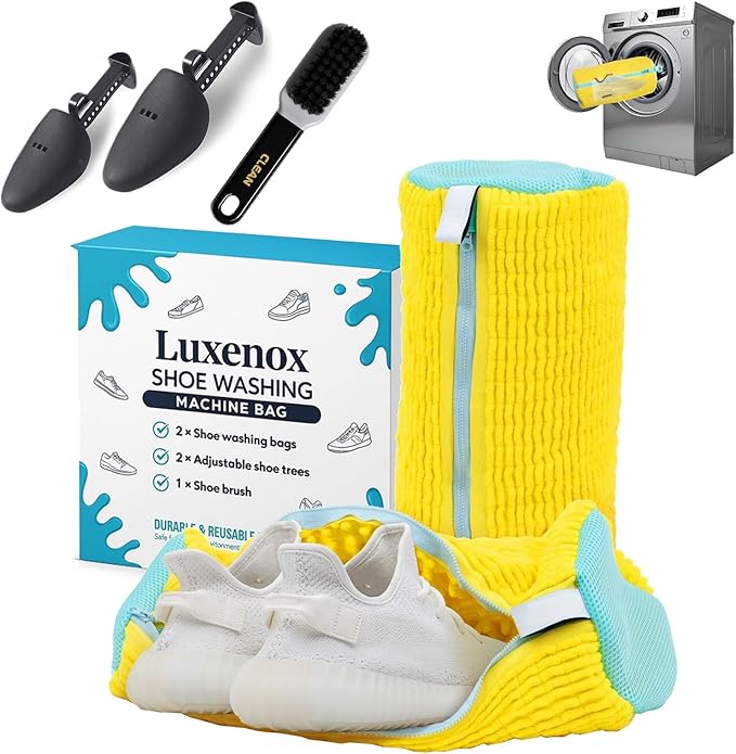 2 Pcs Shoe Washing Machine Bags with 2 Shoe Trees & Brush | Reusable Laundry Bags for Sneakers | Shoe Bag for Washing Machines | Sneaker Bags for Washer and Dryer for All Shoe Types and Sizes