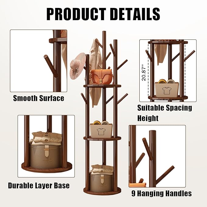 Simcat Wood Coat Rack with 3 Shelves and 9 Hooks Coat Tree Hanger Freestanding Coat Rack for Bedroom, Hallway, Entrance, Office, for Hats, Coats, Scarves, Handbags (Fixed rack white)