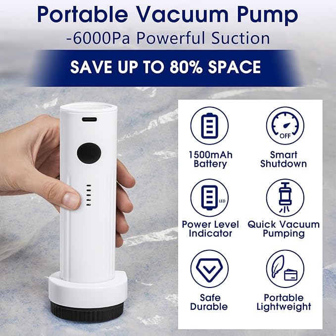6.0Kpa Cordless Electric Vacuum Pump for Storage Bags, USB Rechargeable Portable Vacuum Sealer for Travel Air Pump Compression Bag Pumps for Clothes Blankets Bedding, Black (No bags)