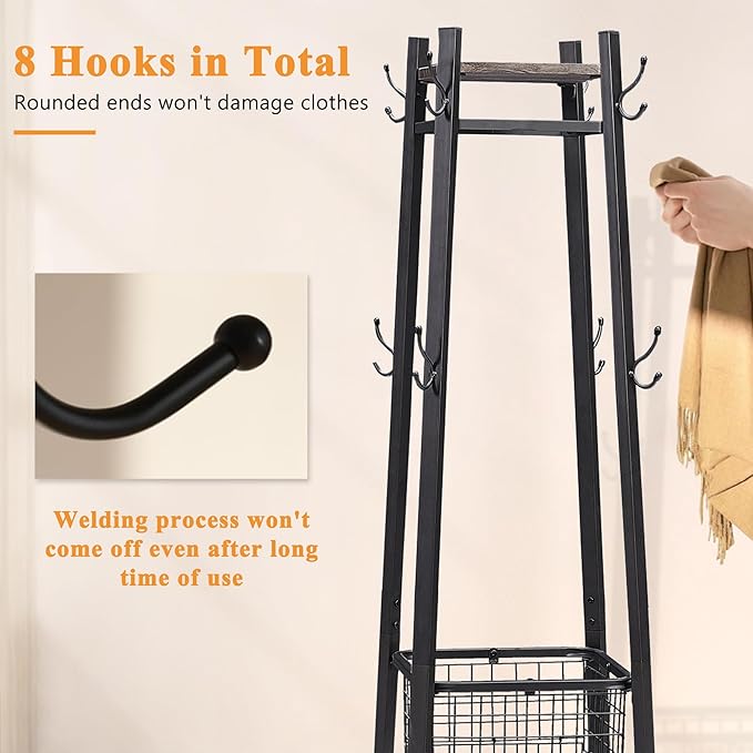 VECELO Coat Rack Freestanding,Hall Tree with Metal Basket and Storage Shelves,Industrial Coat Rack Stand with 8 Hooks for Hanging Coats/Hats/Bags/Umbrellas,18 x 18 x 72 In,Antique Brown