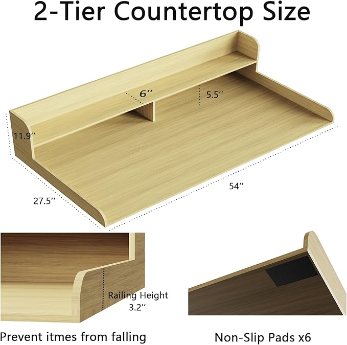 Fabuday 2-Tier Wood Washer Dryer Countertop with Shelf - Two Layers Laundry Topper for Storage & Organization, 54''x27.5''x11.9'' Counter Table with Edge Over Washing & Dryer, White Oak