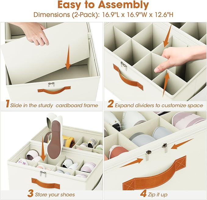 4 Pack Shoe Organizer for Closet,Foldable Shoe Storage Organizer with Adjustable Dividers, Shoe Storage Box with Clear Cover, Fits up to 16 Pairs, Beige