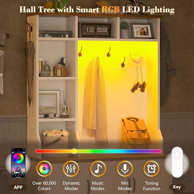 Hall Tree with Bench and Shoe Storage, Farmhouse Entryway Bench with Coat Racks and Led Lights, Tall Hall Tree with 7 Coat Hooks, 6 Storage Cubbies, Adjustable Shelf
