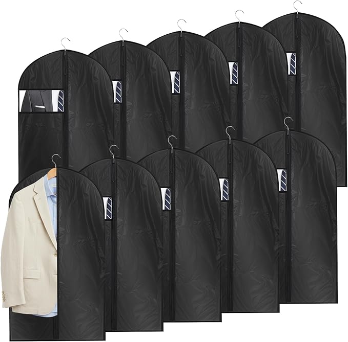 10pcs 40" Suit Cover Bags for Men Garment Bags for Hanging Clothes & 5pcs Coat Hanger Suit Bag for Closet Storage or Travel Clear Window Clothes Cover for Suits Coats Shirt Jackets Skirts
