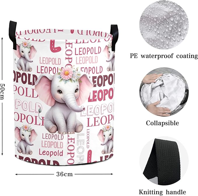 Large Custom Name Laundry Hamper, Elephant Personalized Dirty Clothes Hamper Storage Basket with Name for Bathroom Bedrooms, Customized Name Circular Hamper with Handles for Baby Boys Girls Men Women