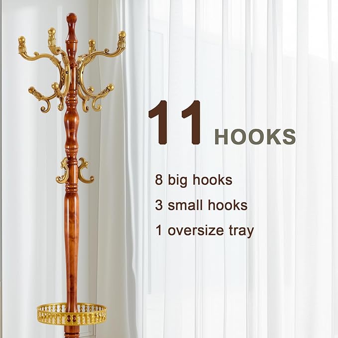 Wooden coat rack stand, Heavy duty coat racks tree freestanding with 11 Hooks and storage basket, Coat tree for jacket, Hats, Bags, Purses, clothes (Triangular base-Begonia 1)