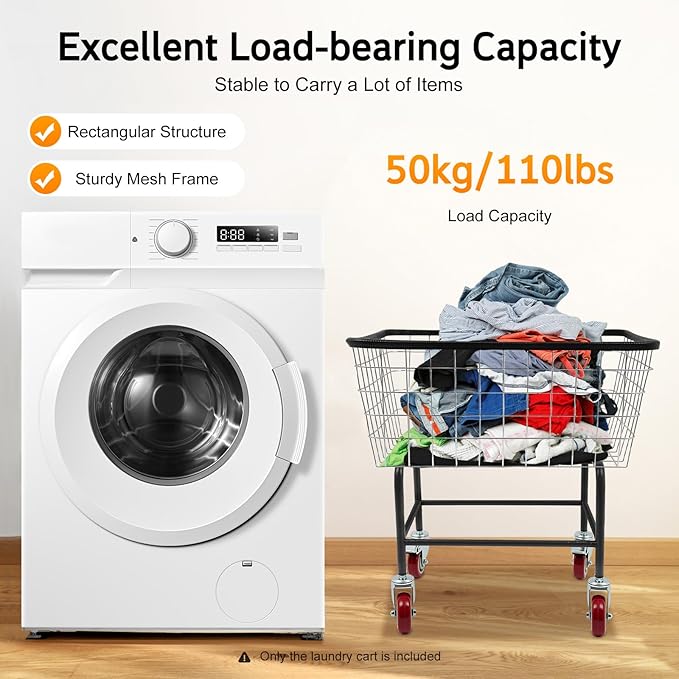 Wire Laundry Cart, Commercial Laundry Basket Cart with Wheels, 26.77"D x 21.5"W x 26"H Heavy Duty Steel Wire Hamper for Clothes Storage, Steel Frame with Galvanized, 4" Casters