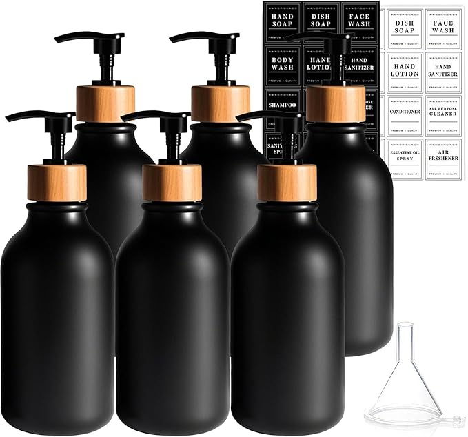 6PACK 16.9Oz Soap Dispenser Bottle, Bamboo Lid Soap Bottle with Anti-Rust Pump, Hand Dish Soap Dispenser for Kitchen, Shampoo Lotion Black Soap Dispensers for Bathroom