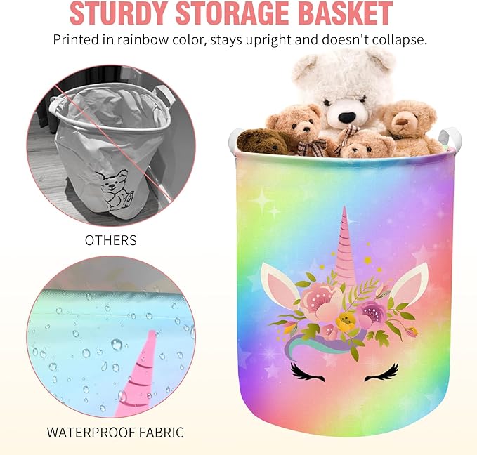 Unicorn Laundry Basket Hamper Large Sized Round Storage Basket Waterproof Bin Collapsible Laundry Basket for Room Organizer, Bedroom Nursery Playroom Clothes (62.8L)