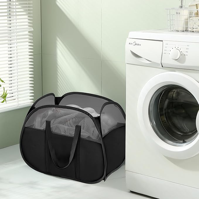 TECHMILLY Pop Up Foldable Laundry Basket, 90L Large Capacity Square & Tear Proof Laundry Hamper with Reinforced Handles for Dirty Clothes Storage in Dorm, Laundry Room, Bathroom, Black(Fabric), 2 Pack