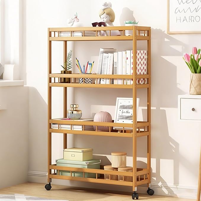 3/4Tier Slim Storage Rolling Cart with Wheel,Wood Storage Trolley Cart,Kitchen Rolling Utility Bamboo Kitchen Slide Out Organizer Rack,Mobile Shelving for Kitchen Bathroom gap(4Tier 60cmwide)