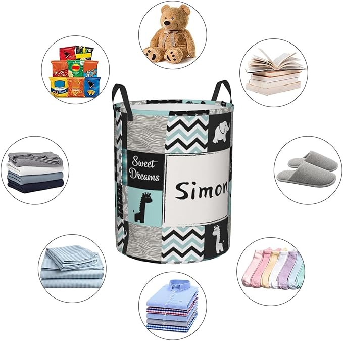 Jungle Cute Animal Personalized Laundry Hamper Custom with Name Collapsible Waterproof Storage Basket with Handles for Bedroom Decor Gift.