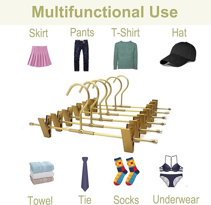 Pants Hangers Gold Aluminum Skirt Hanger 2-Adjustable Clips Heavy Duty Clothes Hangers Space Saving Durable Hanger 11.8" Closet Organizer for Pant,Pack of 10