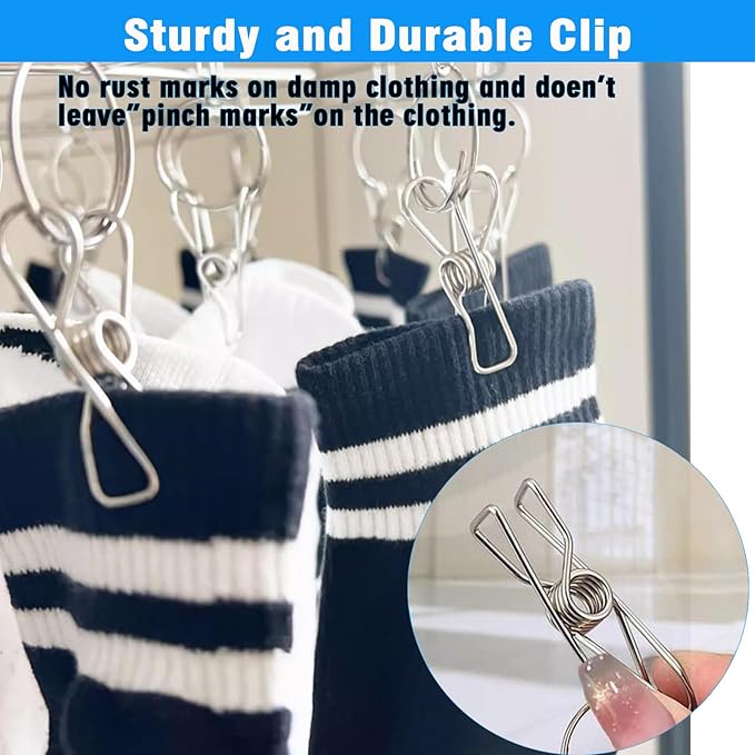 Stainless Steel Sock Drying Rack with 20 Clips, Stainless Steel Space-Saving Dryer Rack Washline with Peg for Sock,Towels,Bras,Underwear Etc Small Laundry Items (Stainless Steel-Round)