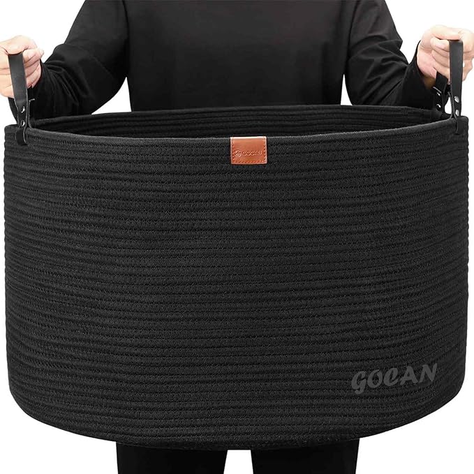 Extra Large Storage Laundry Basket 22" X 22"X 14" Cotton Rope Woven for Blanket Basket with Handles for Living Room Toys Storage XXXL (Pure Blk)