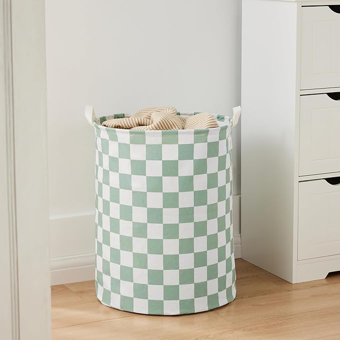 Sage Green Checkered Laundry Basket, Collapsible Aesthetic Cute Canvas Organizer Hamper Basket for Storage, Toy Bins, Bedroom Clothes, Children Nursery, Gift Basket
