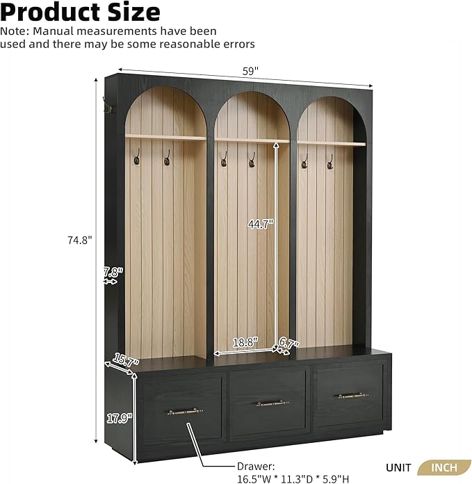 Farmhouse Hall Tree with Three Arched Design, All-in-One Design Wooden Coat Rack & Shoe Organizer with 3 Drawers, 59" Wide Entryway Bench with 8 Retro Hooks for Mudroom, Living Room (Black//538)