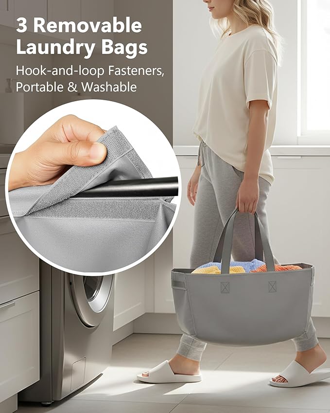 3 Section Laundry Sorter with Removable Bags, 120L Vertical Laundry Hamper with Shelf, Stackable Laundry Baskets organizer for Bathroom, Apartment, Dorm (Gray, With Shelf)