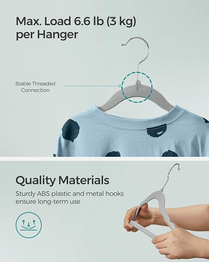 SONGMICS Baby Kids Hangers 30 Pack for Closet, 11.8 x 8.1 Inches, Silver 360° Swivel Hooks, Space-Saving Clothes Velvet Hangers for Nursery, Non-Slip, Dove Gray UCRF027G30