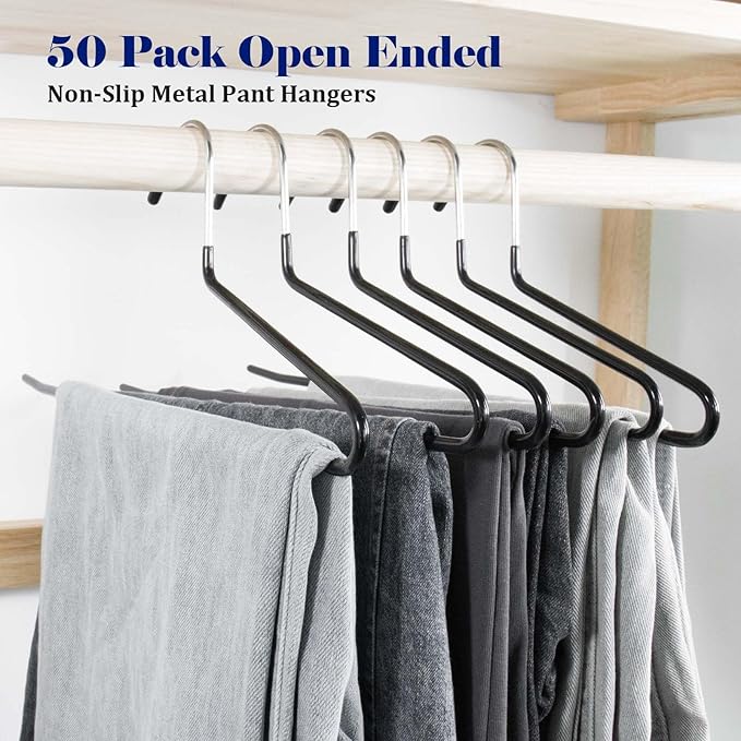 50 Pack Open Ended Pants Hangers with Non Slip Design,Suitable for Trousers,Jeans,Towels for Closet Space Saving,Durable Metal Material with Rubber Coating (Black)
