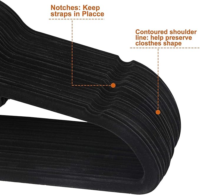 Suit Hangers Ultra Thin Velvet Coat Hangers Non Slip Flocked Clothes Hanger 360°Swivel Hook 100 Pack/Lot，Black