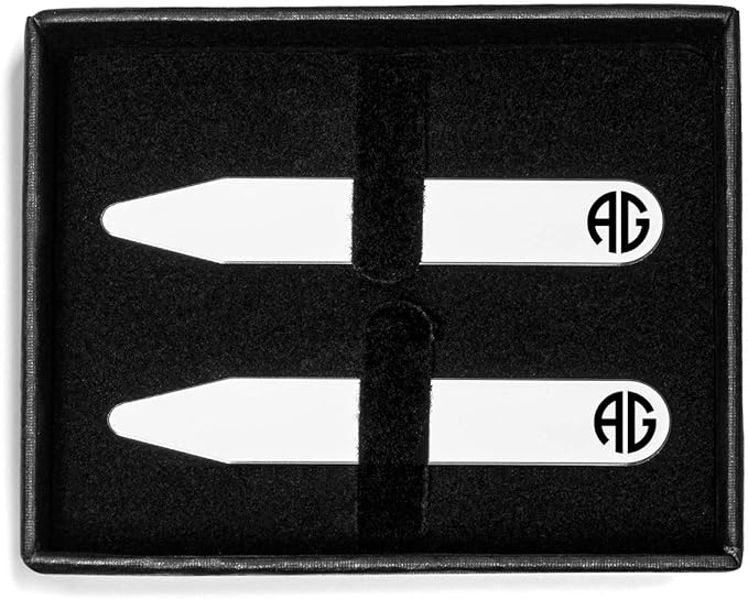 Monogram Engraved Collar Stays Set In Gift Box Custom Personalized