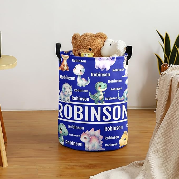 Large Custom Name Laundry Hamper, Dinosaur Personalized Dirty Clothes Hamper Storage Basket with Name for Bathroom Bedrooms, Customized Name Circular Hamper with Handles for Baby Boys Girls Men Women